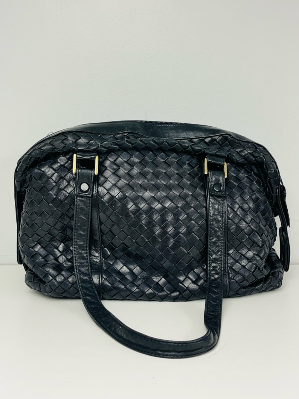 Vintage Woven Black Leather Satchel by ASPECTS